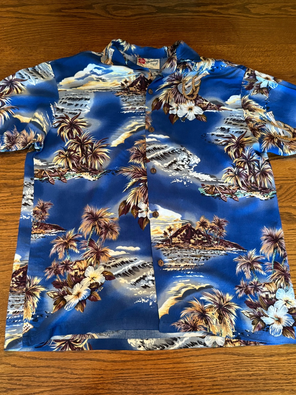 Hilo Hattie Youth Boys Large Hawaiian Blue Ukelele Print Button Down Shirt Top